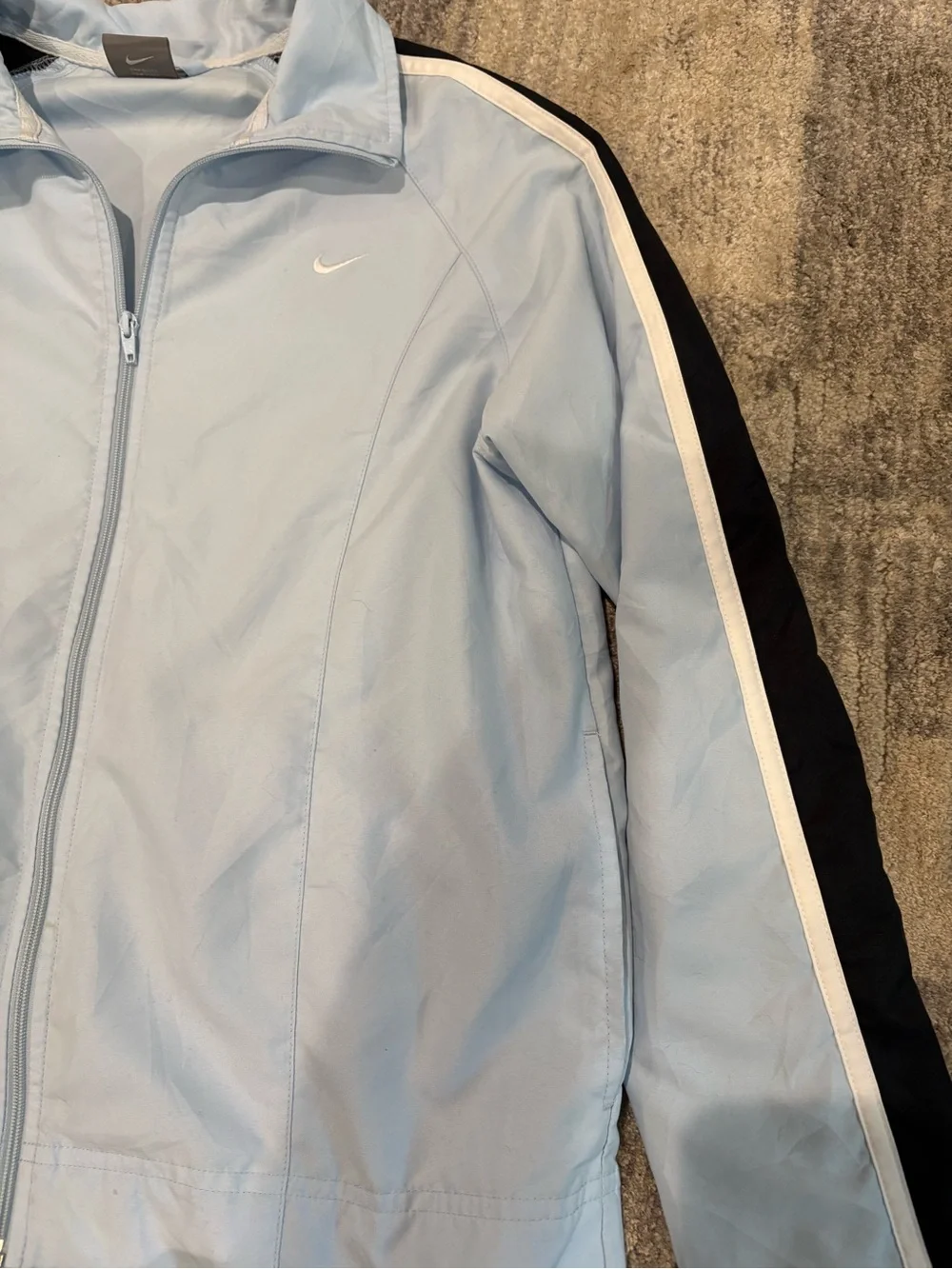 Nike Baby Blue Women’s Track Jacket with Black and White Stripes